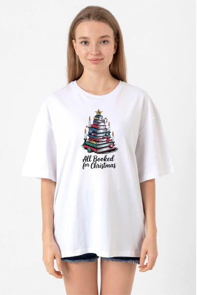 All Booked For Christmas Beyaz Kadın Oversize Tshirt