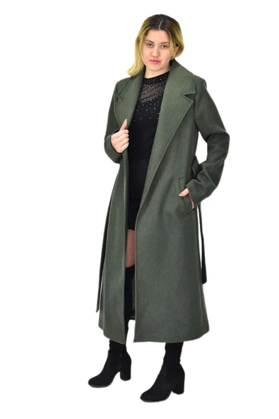 Kadın Uzun Kemerli Kaşe Kaban BGL-ST04065 - Resim 6