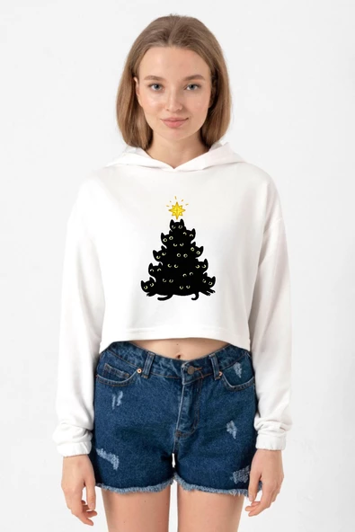 Meowy Christmas Ekru Kadın Crop Kapşonlu - Resim 3