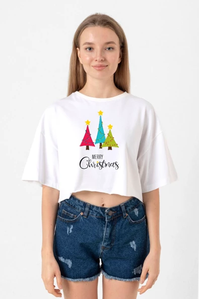 Merry Christmas Beyaz Kadın Crop Tshirt