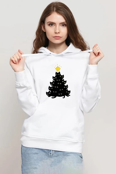 Meowy Christmas Beyaz Kadın 3ip Kapşonlu Sweatshirt ürün görseli