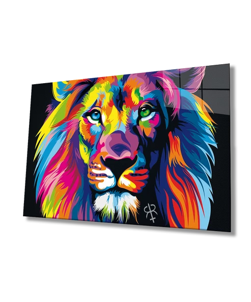 Renkli Aslan Hayvan Dekoratif ve Modern Cam Tablo  Dayanıklı Cam ürün görseli