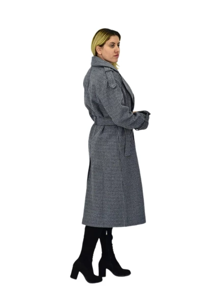 Kadın Çizgili Uzun Kaşe Kaban BGL-ST04118 - Resim 7