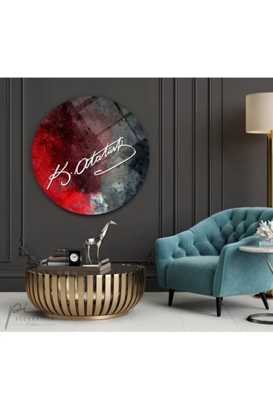 Atatürk Imzası Yuvarlak Dekoratif ve Modern Cam Tablo