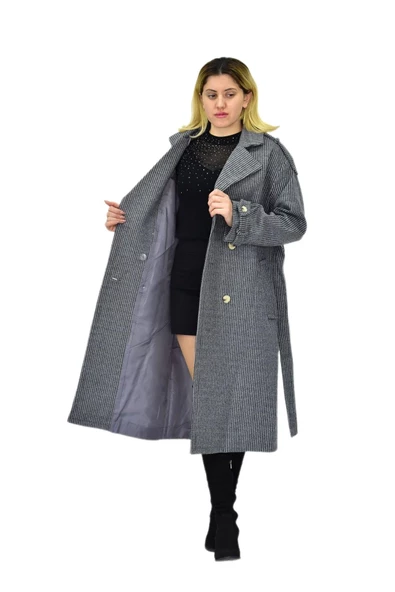 Kadın Çizgili Uzun Kaşe Kaban BGL-ST04118 - Resim 6