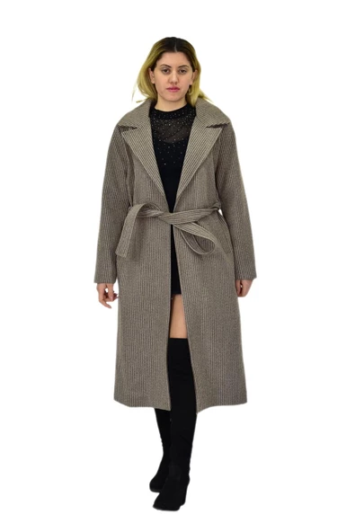 Kadın Çizgili Uzun Kaşe Kaban BGL-ST04118 - Resim 12