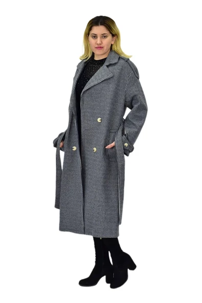 Kadın Çizgili Uzun Kaşe Kaban BGL-ST04118 - Resim 4