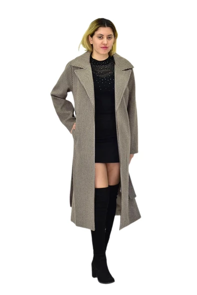 Kadın Çizgili Uzun Kaşe Kaban BGL-ST04118 - Resim 10