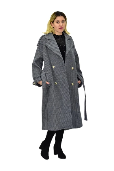 Kadın Çizgili Uzun Kaşe Kaban BGL-ST04118 - Resim 5