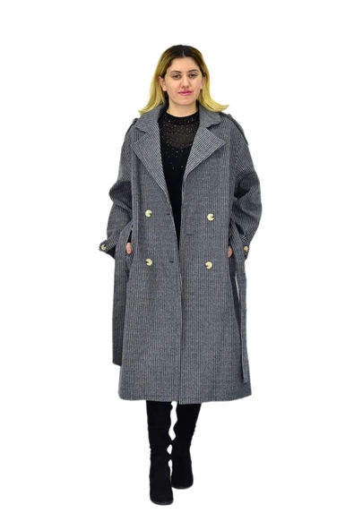 Kadın Çizgili Uzun Kaşe Kaban BGL-ST04118 - Resim 3