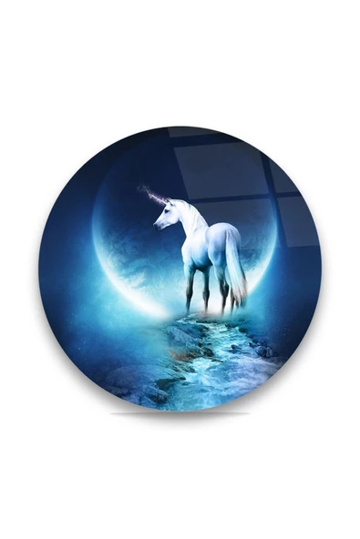 Tek Boynuzlu At Unicorn Yuvarlak Dekoratif ve Modern Cam Tablo