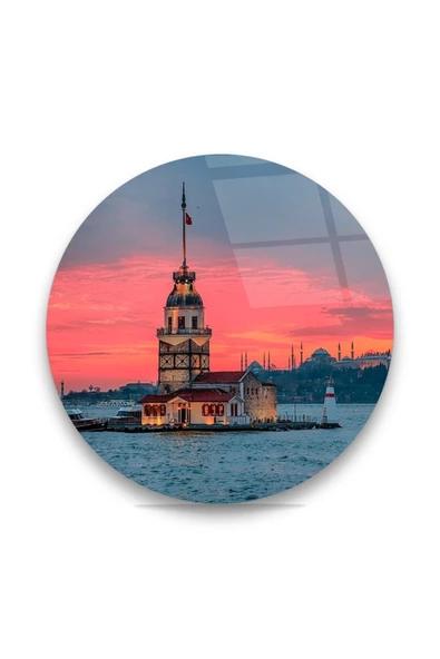 Kız Kulesi Yuvarlak Dekoratif ve Modern Cam Tablo