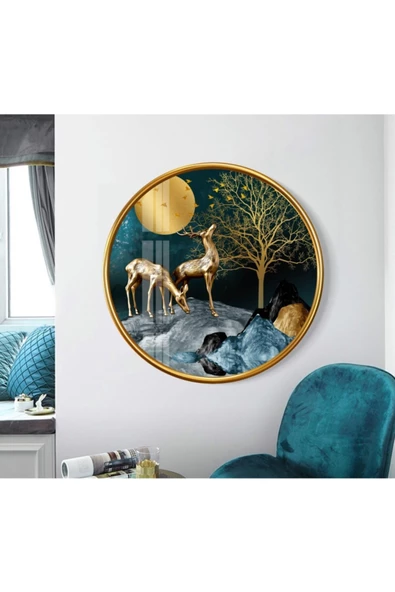 Gold Geyikler Yuvarlak Dekoratif ve Modern Cam Tablo ürün görseli