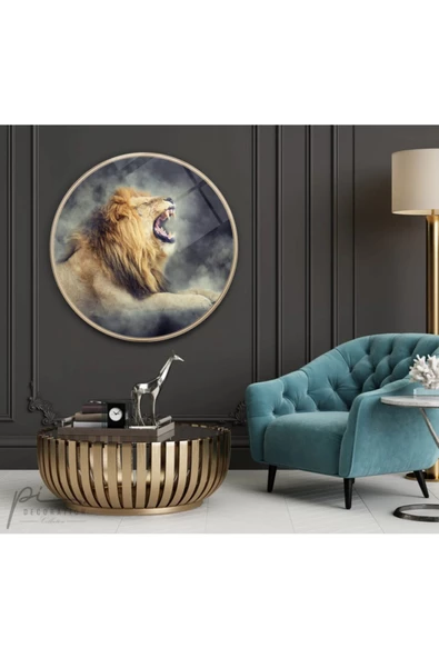 Aslan Yuvarlak Dekoratif ve Modern Cam Tablo ürün görseli