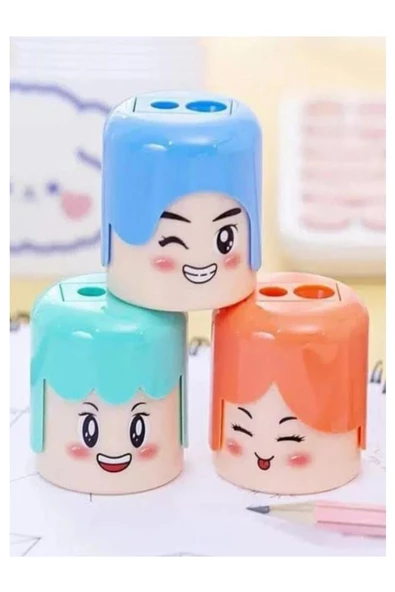 Çift Bıçaklı Hazneli Kalemtraş 3 Adet Fiğürlü İki Bıçaklı Jumbo Kalem Açaçağı Kalemtıraş İnsan Yüz Modeli Plastik