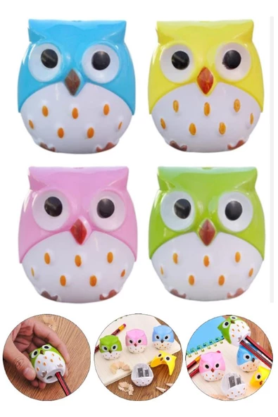 Baykuş Kalemtraş Çift Bıçaklı Hazneli 4 Adet Sevimli Figürlü Kalemtıraş Kalem Açaçagı Plastik