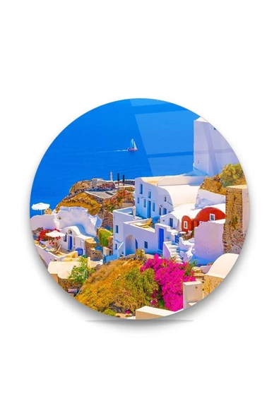 Deniz Manzaralı Beyaz Evler Yuvarlak Dekoratif ve Modern Cam Tablo ürün görseli 1