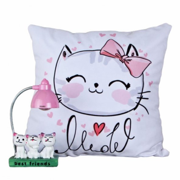 Kedi 2 Li Set Kedi Işıklı Biblo Gece Lambası Kedi Puf Yastık