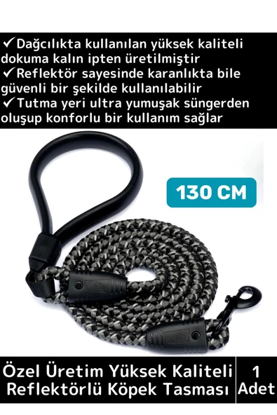 Özel Yüksek Kaliteli Ekstra Kalın Dağcı Dokuma İpli Esnek Yansıtma Reflektörlü Köpek Tasması 130 Cm ürün görseli