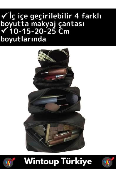 Premium Kaliteli Fermuarlı İç İçe Geçirilebilen 10/15/20/25 Cm 4'lü Taşınabilir Makyaj Çantası Seti - 2