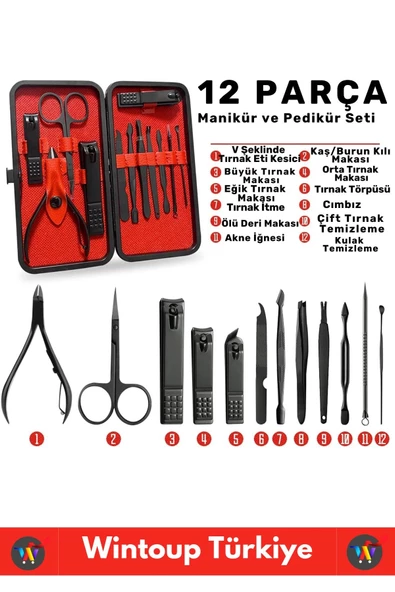 Premium Yüksek Kaliteli Çelik El Yüz Ayak Bakım Çantalı 12 Parça Manikür Pedikür Seti - 2