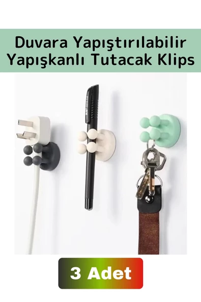 Premium Uzun Ömürlü Silikon Çok Amaçlı Yapışkanlı Duvara Yapıştırılabilir Pratik Tutucu Klips 3 Adet