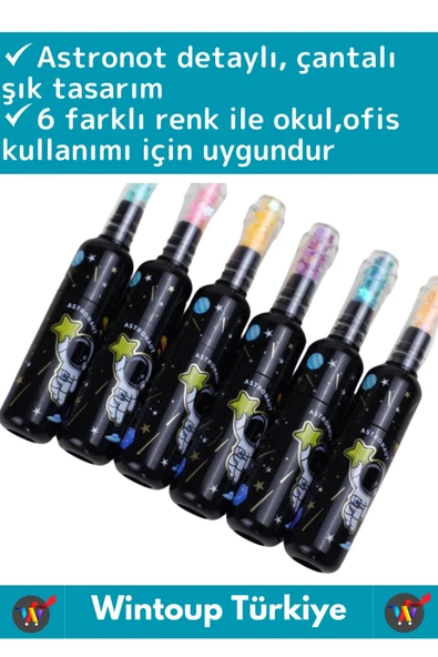 Özel Üretim Yüksek Kaliteli Parlak Astronot Detaylı Şık Tasarım Ofis Okul 6'lı Fosforlu Kalem Seti - 2