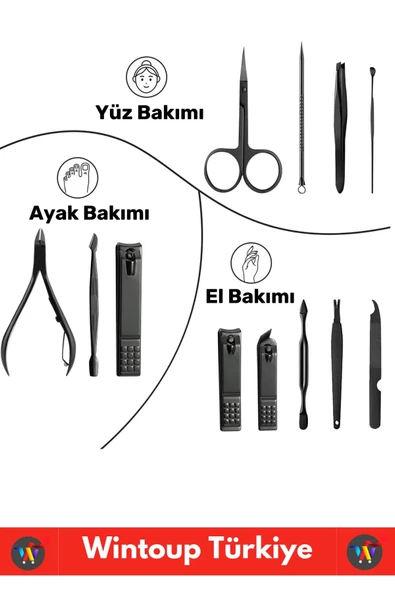 Premium Yüksek Kaliteli Çelik El Yüz Ayak Bakım Çantalı 12 Parça Manikür Pedikür Seti - 3