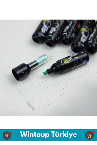 Özel Üretim Yüksek Kaliteli Parlak Astronot Detaylı Şık Tasarım Ofis Okul 6'lı Fosforlu Kalem Seti - 4