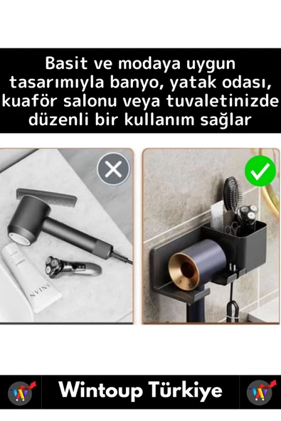 Özel Yüksek Kaliteli Montaj Gerektirmez Yapışkanlı Banyo Yatak Odası Kuaför Fön Makinesi Organizer - Resim 5