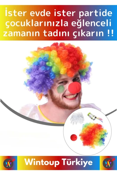 Premium Yüksek Kaliteli Eğlenceli Çocuk Parti Etkinlik Saç Burun Eldiven Baston 4'lü Palyaço Seti - 2