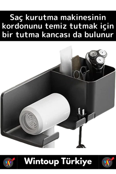 Özel Yüksek Kaliteli Montaj Gerektirmez Yapışkanlı Banyo Yatak Odası Kuaför Fön Makinesi Organizer - Resim 3
