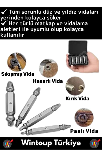 Premium Dayanıklı Matkap Tornavida Uyumlu Hasarlı Paslı Kırık Yamuk Vida Sökme Çıkarma Seti 4'lü Set - 2