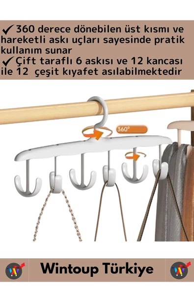 Özel 360 Derece Döner Üst Kısım Çift Taraflı 6 Askılı 12 Kancalı Kemer Elbise Çamaşır Askısı 3 Adet - 2