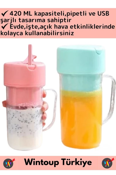 Taşınabilir Ev İş Gündelik Milkshake Meyve Sıkacağı USB Şarjlı Pipetli Bardak Blender 420ML 2 Adet - 2