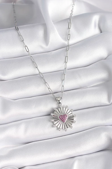 Gümüş Renk Pembe Zirkon Taşlı Kalp İşleme Madalyon Model Kadın Kolye - EBJ241130W29610 - Resim 2