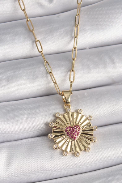 Gold Renk Pembe Zirkon Taşlı Kalp İşleme Madalyon Model Kadın Kolye - EBJ241130W29611 ürün görseli
