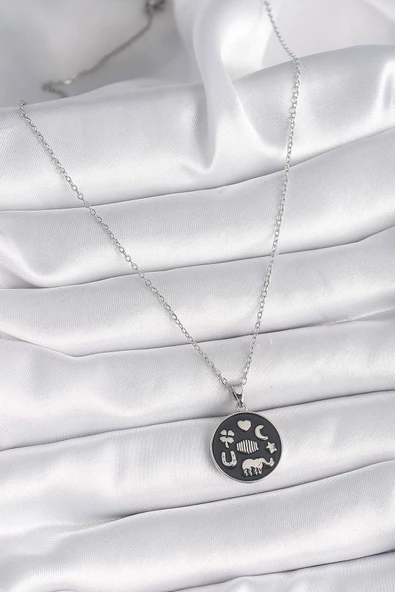 Gümüş Renk Siyah Renk Şans Kolyesi - EBJ241130W29623 - Resim 2