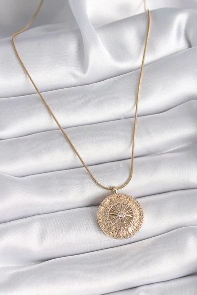 Gold Renk Zirkon Taşlı 12 Burç Madalyon Model Kadın Kolye - EBJ241130W29619 - Resim 2