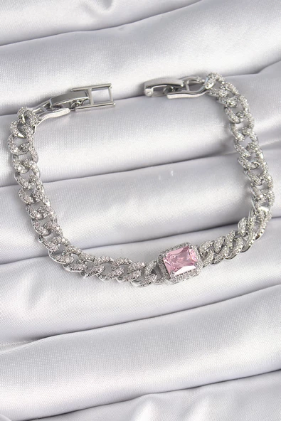 Gümüş Renk Pembe Kare Zirkon Taşlı VIP Seri Kadın Bileklik - EBJ241130W29580 ürün görseli