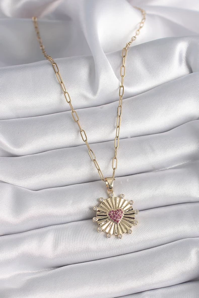 Gold Renk Pembe Zirkon Taşlı Kalp İşleme Madalyon Model Kadın Kolye - EBJ241130W29611 - Resim 2