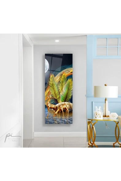 Gold Geyikler Panoramik Dekoratif ve Modern Cam Tablo ürün görseli 1