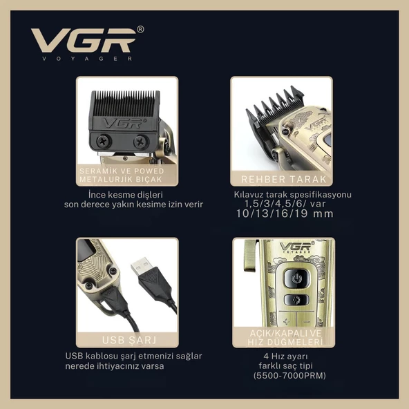 VGR V-005 Profesyonel Saç Kesme ve Tıraş Makinesi - Renkli Taraklı Tam Set! - 4