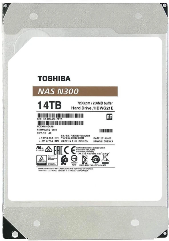 TOSHIBA N300 Serisi NAS Diski 14TB (HDWG21EUZSVA) (Distribütör Garantili) 3,5" 7200RPM SATA3 256MB