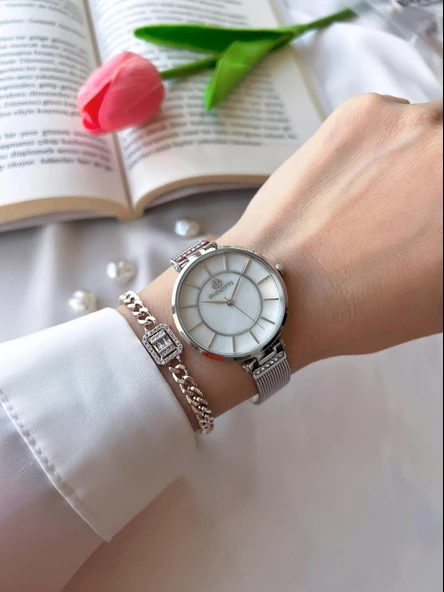 Bigotti Çelik Hasır Kordon Kararma Renk Atmaz 3 Atm Suya Dayanıklı Kadın Kol Saati+Bileklik S10310.1 - Resim 2