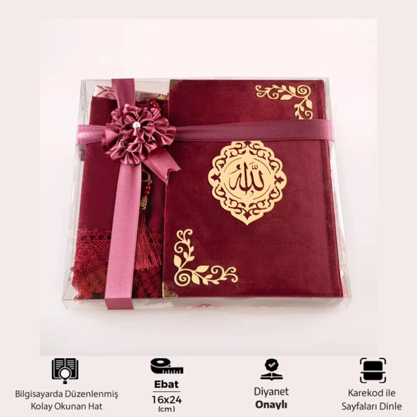 Şal + Seccade + Tesbih + Kuran Hediye Seti (Orta Boy, Şems Lafzatullah, Bordo) ürün görseli 1