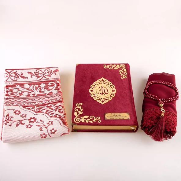 Şal + Seccade + Tesbih + Kuran Hediye Seti (Orta Boy, Şems Lafzatullah, Bordo) - Resim 3