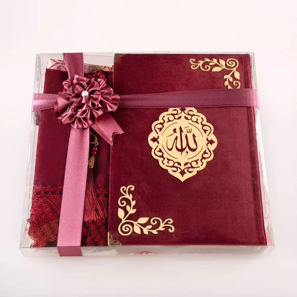 Şal + Seccade + Tesbih + Kuran Hediye Seti (Orta Boy, Şems Lafzatullah, Bordo) - Resim 2