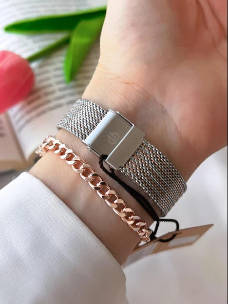 Bigotti Çelik Hasır Kordon Kararma Renk Atmaz 3 Atm Suya Dayanıklı Kadın Kol Saati+Bileklik B10342.4 - Resim 3