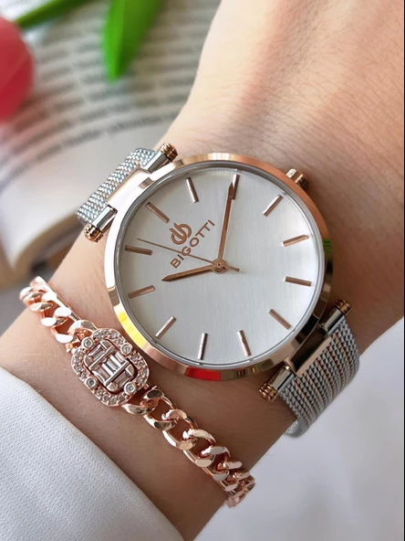 Bigotti Çelik Hasır Kordon Kararma Renk Atmaz 3 Atm Suya Dayanıklı Kadın Kol Saati+Bileklik B10342.4 ürün görseli